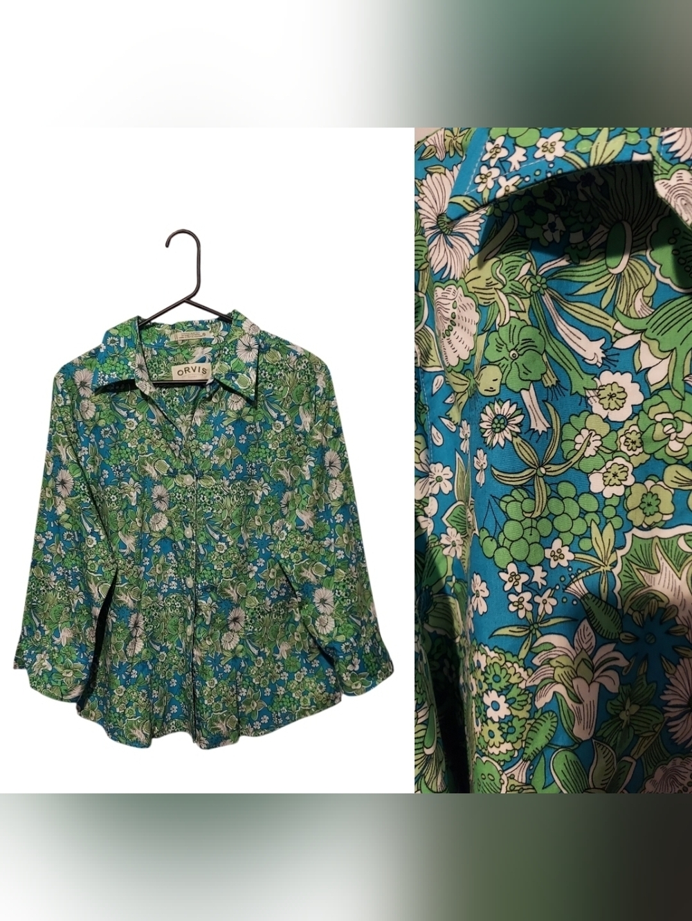 Orvis Floral 100% Cotton Wrinkle Free Button Down Shirt 16 Green Garden Party